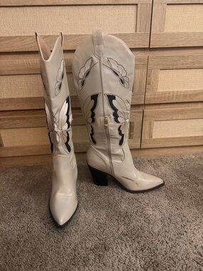 Women's Cream Western Knee-High Boots with Black Embroidery
